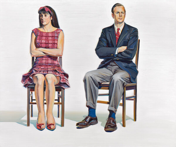 A painting featuring a male and a female figure seated in chairs. The painting is by artist Wayne Thiebaud
