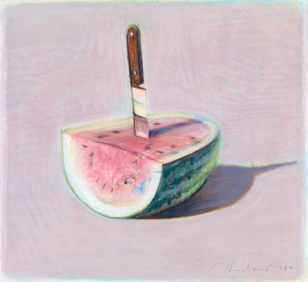 Drawing of a cut watermelon that has a knife sticking out of it