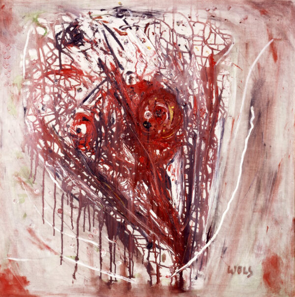 An abstract painting using chaotic lines of red, black, maroon, and white at the center of a square canvas. The background appears more blurred and mostly white with other hues mixed in. The four corners of the painting have smudges of red paint. Artwork by Wols.