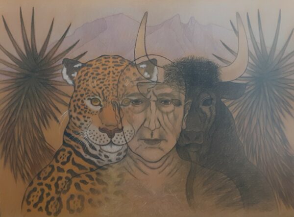 A drawing of a person, a large wild cat, and a bull-looking mask.