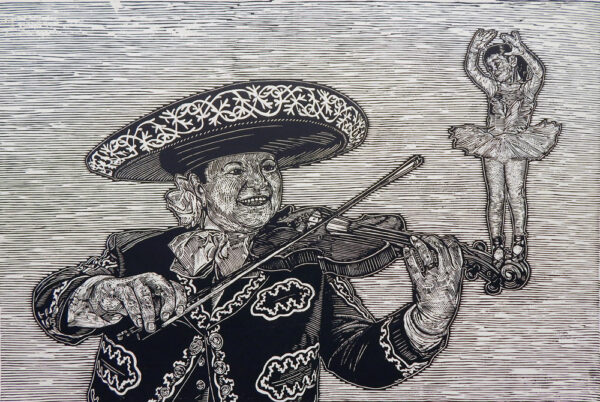 Woodcut of a mariachi musician playing the violin. The musician is wearing a sombrero and other traditional mariachi clothing. Standing on the end of the violin is a ballerina dressed in a tutu.