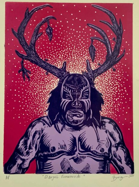 A print of a luchador wrestler. The wrestler is bare chested and wearing a mask that has deer horns sprouting from its top. The figure is colored purple and against a bright red background that has small white dots.