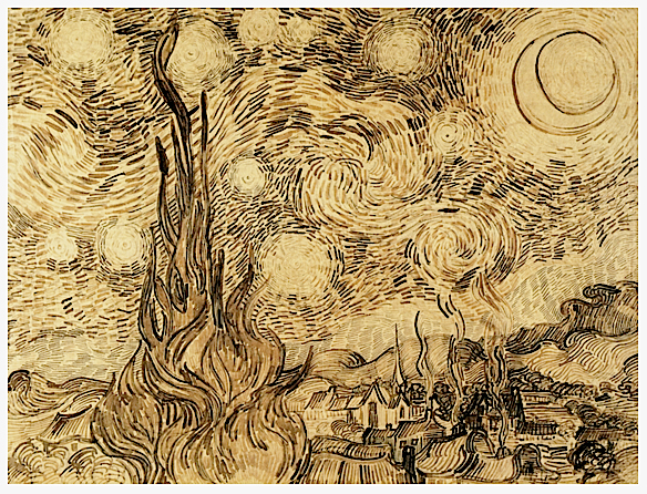 A drawing of Vincent Van Gogh's famous starry night painting. 