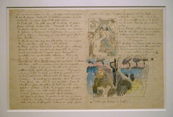 A framed letter, written by Paul Gauguin to van Gogh. The letter contains writing and drawings.
