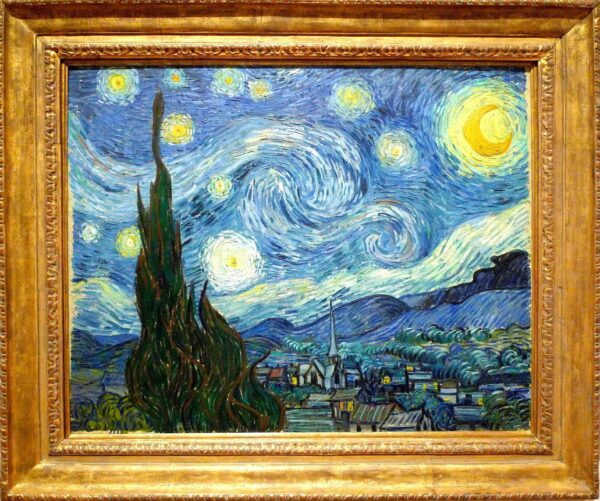 Van Gogh's Starry Night painting. The painting features a swirling night sky populated with many bright stars.