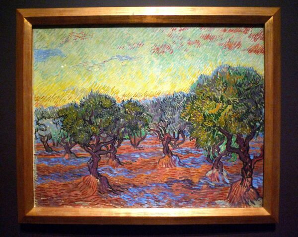 Painting of trees in an olive grove. The painting is very gestural and features moving brushstrokes. 