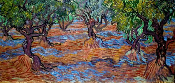Painting of trees in an olive grove. The painting is very gestural and features moving brushstrokes. 