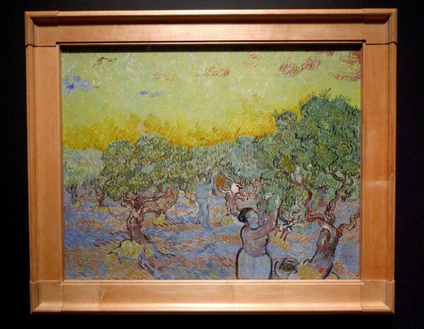 Painting of people picking olives in an olive grove. The painting is very gestural and features vivid, moving brushstrokes. 