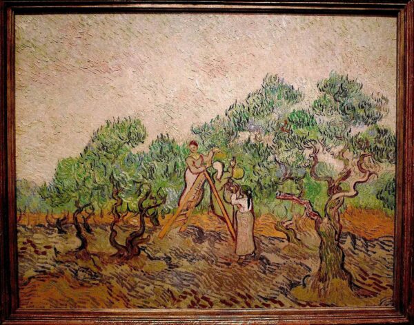 Painting of people picking olives in an olive grove. The painting is very gestural and features vivid, moving brushstrokes. 
