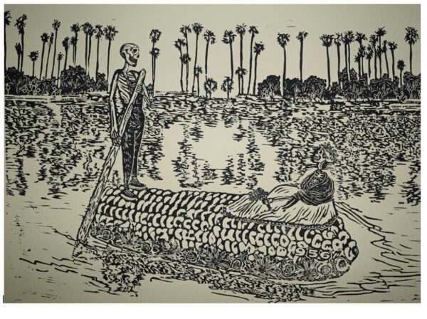 A print of two figures in a corn cob boat. One figure sits inside the boat, and another stands behind it, pushing it along. There are palm trees in the background.
