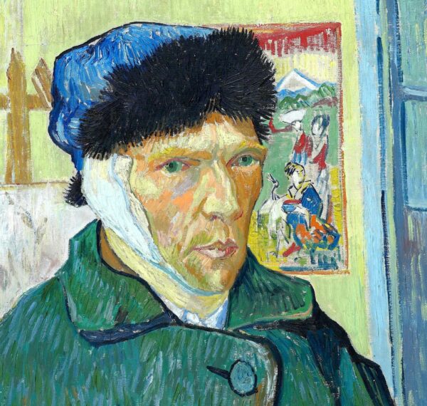 A self-portrait painting featuring Van Gogh wearing a hat and a coat.
