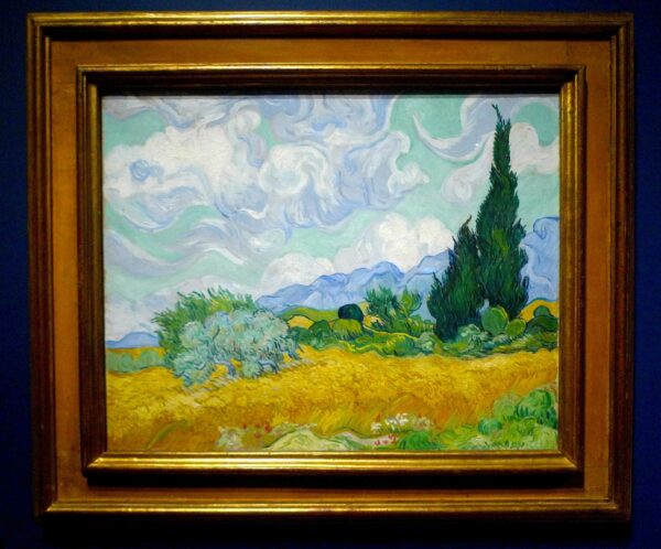Landscape painting with yellow grass or wheat in the foreground and other plants in the background.