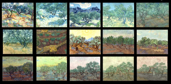 Multiple paintings by Vincent Van Gogh.