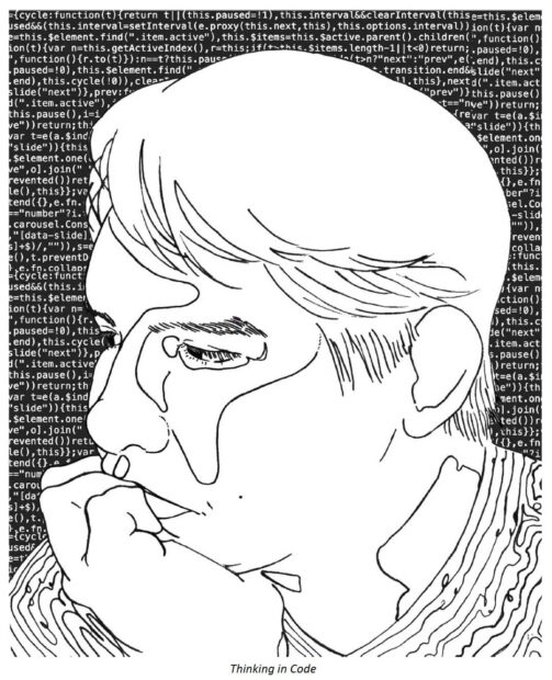 A black and white screen print of a figure's head. The background is filled with computer code.