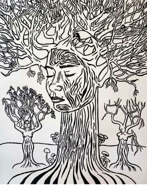 Grabado en tinta negra sobre papel blanco. A cada lado del fondo hay un par de árboles con siluetas femeninas. En el centro se alza un árbol cuyo tronco es el cuello de una mujer con los ojos cerrados.