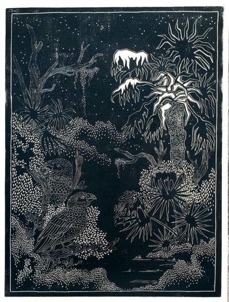 A linocut print featuring various flora and fauna shapes that are created out of white lines. The majority of the print is black.
