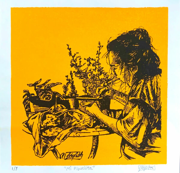 Grabado en tinta negra sobre fondo amarillo. Una mujer con el cabello desarreglado pela nopales sobre una mesa redonda.