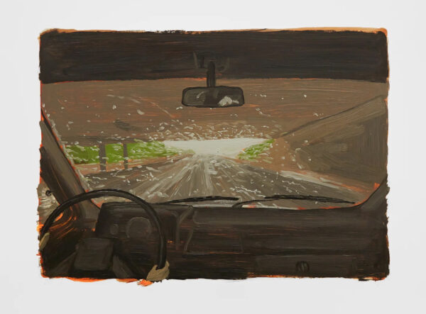 A painting of the interior of a car. The painting shows the road ahead through the windshield.