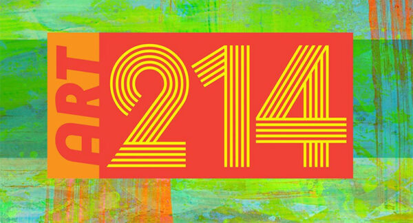 A designed logo featuring red rectangle with yellow numbers "214" printed large, taking up most of the space. There is a smaller orange adjacent rectangle with the word "ART" printed in red and turned 90 degrees to the left. Behind the logo is a painterly background with brushstrokes of green, blue, and orange. 
