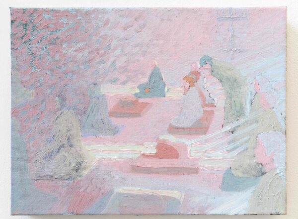 A painting by Alexandre Pépin. A gestural and pastel painting that shows a group of people seated in meditation