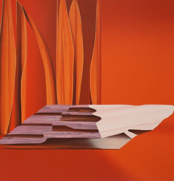 A rectangular painting with a warm red-orange background. On the left side of the painting are six individual flower petals placed vertically and also in hues of red, orange, and yellow. Toward the bottom of the painting, and in front of the petals is an organic shape with texture similar to a rock painted in light pink and purple hues. Artwork by Anna Membrino.
