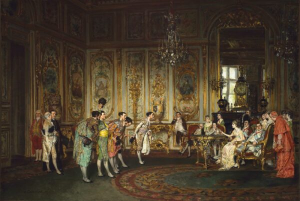 A painting of multiple figures, mostly male and some female, in an opulent room. The figures in the center of the painting are bullfighters, wearing different pastel-colored bullfighting garb.