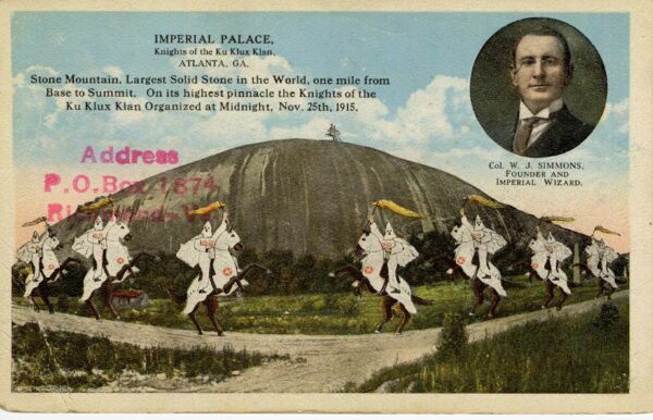 Archival photo of a postcard celebrating the 1915 revival of the KKK at Stone Mountain