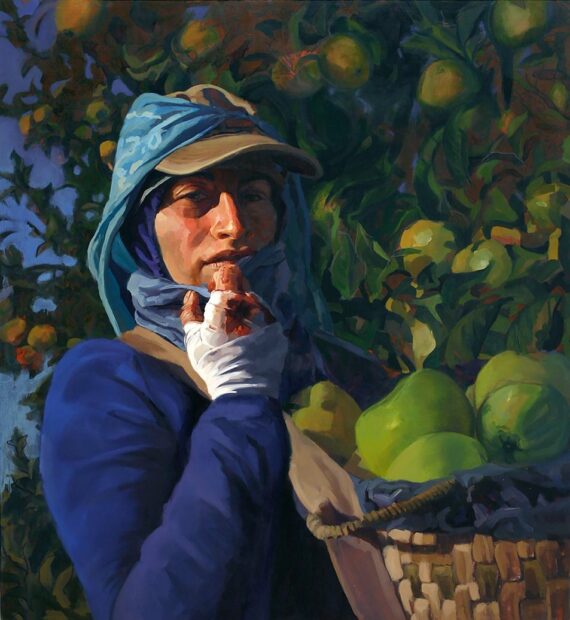 A painted portrait of a female laborer picking apples. She is dressed in a long sleeve shirt and wears a hat and scarf. Her hand is bandaged and appears to be bleeding. She holds a woven basket filled with green apples. Behind her are tree branches filled with green apples. Artwork by Arely Morales.