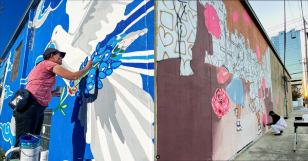Two photographs placed side-by-side of artists working on murals. On the left, Amy Jones Jenkins stands on a step ladder to paint a large-scale bluebonnet that is held by a dove with open wings. On the right, Christopher Nájera crouches as he paints a pink rose. 