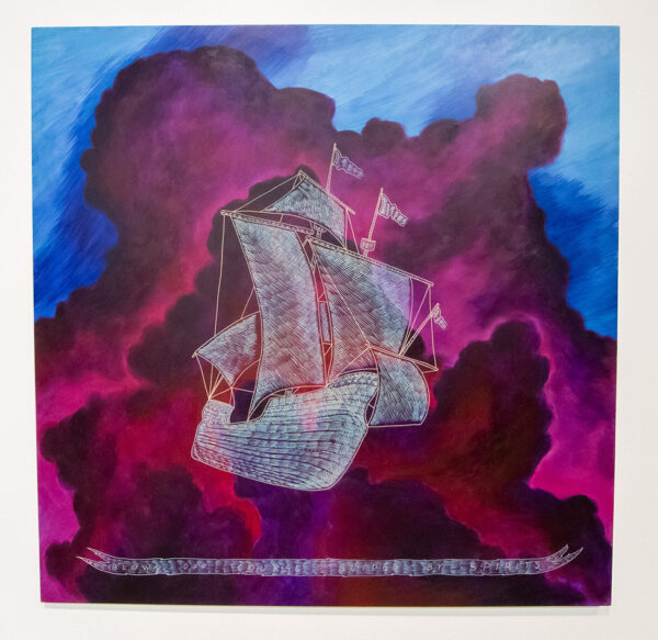 An oil painting on carved wood by Richard Armendariz. The painting depicts a white ship in front of ominous dark pink clouds and a a blue background. Below the ship is a white banner with the text, "Blown Off Course Guided By Spirits."