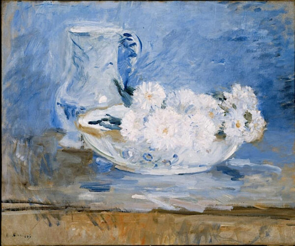 Painting by Berthe Morisot of white flowers in a bowl with a blue background