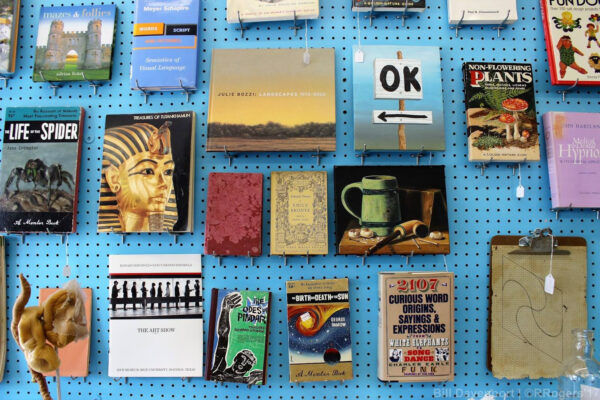 A photograph of books and paintings displayed on a pegboard.