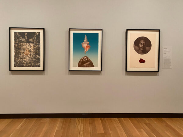 A photograph of three color lithographs hanging on a gallery wall. Artworks by Charles White.