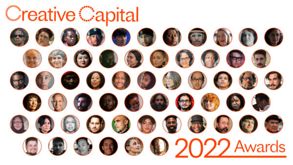 A designed image with the text, "Creative Capital 2022 Awards." In the middle of the design are 59 circles evenly spaced, each depicting a headshot of one of the awardees.