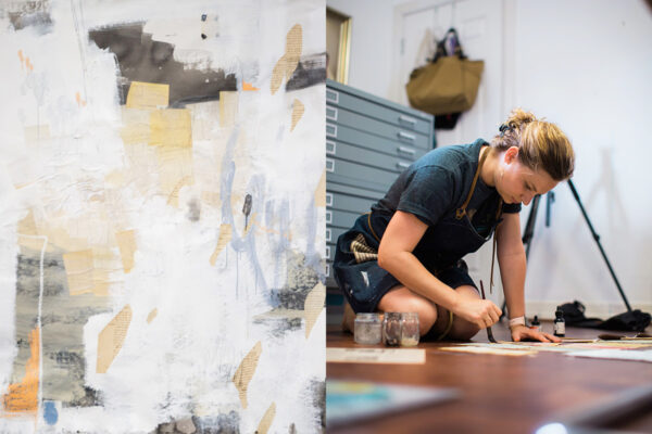 On the left, a detail image of a mixed media work of art using collaged paper with text, and layers of black, white, blue, and yellow paint. On the right, an image of artist Dana Caldera kneeling on the floor painting with ink on paper.