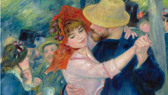 Painting by Renoir in his gestural and painterly style. A detail of a couple dancing and in motion