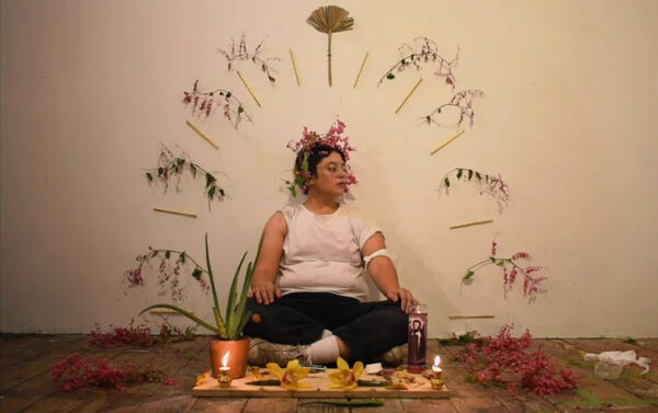 A still from a video performance titled "Limpia." Artist, Devin Alejandro-Wilder sits on the floor with legs crossed and hands resting on their knees. They wear a white shirt and black pants. On the wall behind them are dried flowers forming an arch. On the floor around them are more bundles of dried flowers. On the floor in front of them are candles, a potted aloe vera plant and more dried flowers on a wooden board.