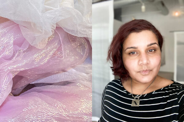On the left, a detail of pink iridescent fabric and white tulle. On the right, a photograph of artist Eepi Chaad. She wears a black and white striped top and looks directly into the camera. 
