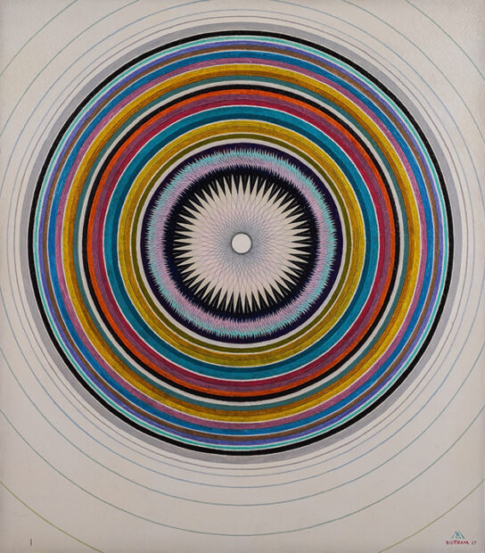 An acrylic painting by Emil Bisttram. The painting features concentric circles. The center circle is filled with geometric lines which create a multi-pointed star. Most circles beyond that are painted, however, the outer circles are blank. 