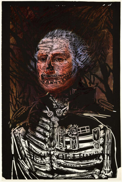 Linocut over offset printing.  The artwork depicts a skeleton painting based on top of a George Washington painting.  The words are partially hidden, "THE FACE OF FREEDOM" printed in black ink on the chest of the figure.  Drawing by Eric Avery.