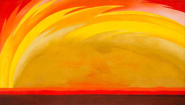 An abstract painting by Georgia O'Keeffe. The rectangular canvas is oriented horizontally. Across the bottom of the canvas are stripes of colors, brown, red, and orange that resemble a horizon line. Above that horizon, are arched colors starting with yellow and radiating out to include orange and red.