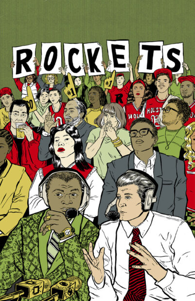 A poster with a green background shows five rows of fans watching a basketball game. The back row of fans hold up letters that spell out "Rockets." In the foreground, at the bottom of the poster are two announcers including Bill Worrell. Poster by Sarah Welch.