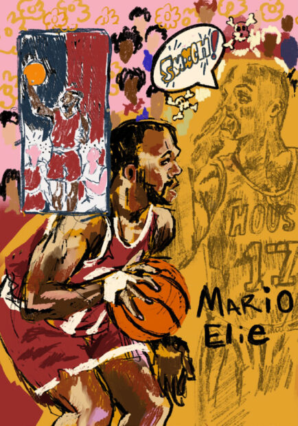 A poster designed by Alexis Pye featuring Houston Rockets alumni Mario Elie. 