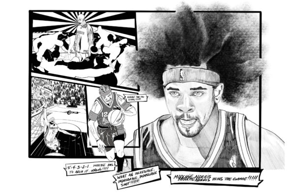 A black and white poster created by Rabea Ballin, featuring Houston Rockets alumni Moochie Norris. The poster is in the style of a graphic novel and show various scenes of the basketball player alongside four text bubbles. The text reads, "Moochie for the steal!!!" "5-4-3-2-1... Moochie has to arch it... oooooh!!!!" "What an incredible, improbable, impossible shot!!!!!!!!" "Moochie Norris Moochie Norris wins the game!!!!!"