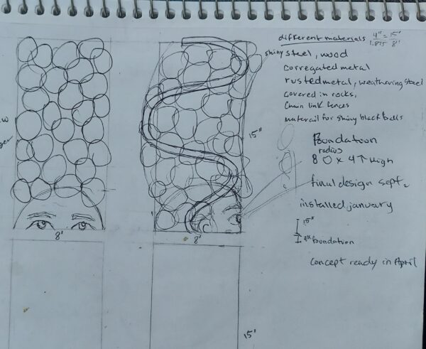 Draw with ink on drawing paper.  The sketch shows the front and side drawings of a potential sculpture, which includes a face from eye to face and a tall stack of balls that resemble hair.  On the page, the artist's notes appear with ideas related to the materials and the size of the foundations.  Sketch by Kaldric Dow.
