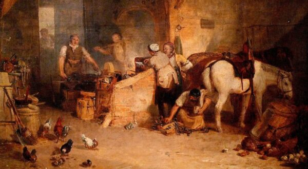 A scene in a blacksmith shop. A Blacksmith disputes the price of Iron, and another man shoes a horse.