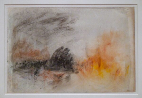 A very gestural painting by JMW Turner of a dark area next to a yellow and orange organic shape depicting burning blubber on paper