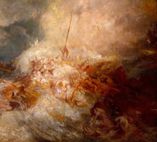 A gestural painting with deep reds, yellows and oranges of a ship caught in a sea disaster. Figures and ship parts are thrown violently into the frothing water.