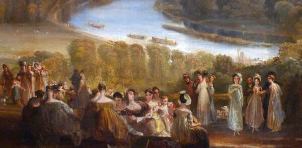 Photo of a painting by Turner of a large group of people in a pastoral scene