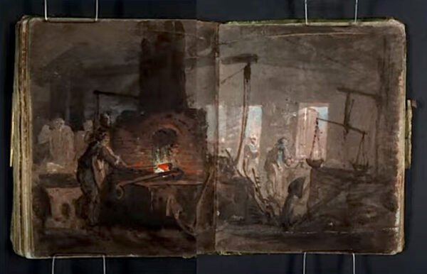 An image of a drawing in a sketchbook of the interior of a workshop where anchors are forged.